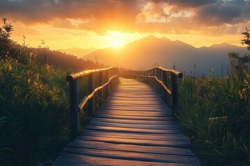 Obraz premium A winding path or bridge leading toward a radiant sunrise, symbolizing the journey to equality and hope for the future.