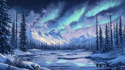 A group of dogs are pulling a sled through a snowy forest. The sky is filled with auroras, creating a serene and peaceful atmosphere