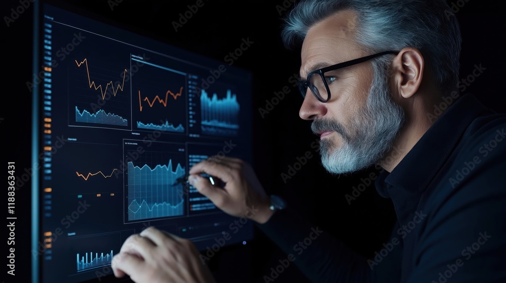 Poster focused businessman intensely analyzes charts on large computer monitor. data-driven decisions centr