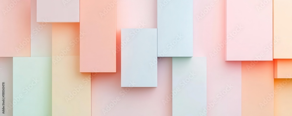 Poster layered geometric shapes with subtle gradients and soft shadows, forming a contemporary minimalist a