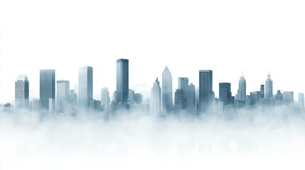 Fototapeta premium A misty skyline silhouette with tall buildings emerging through fog against a bright white background.