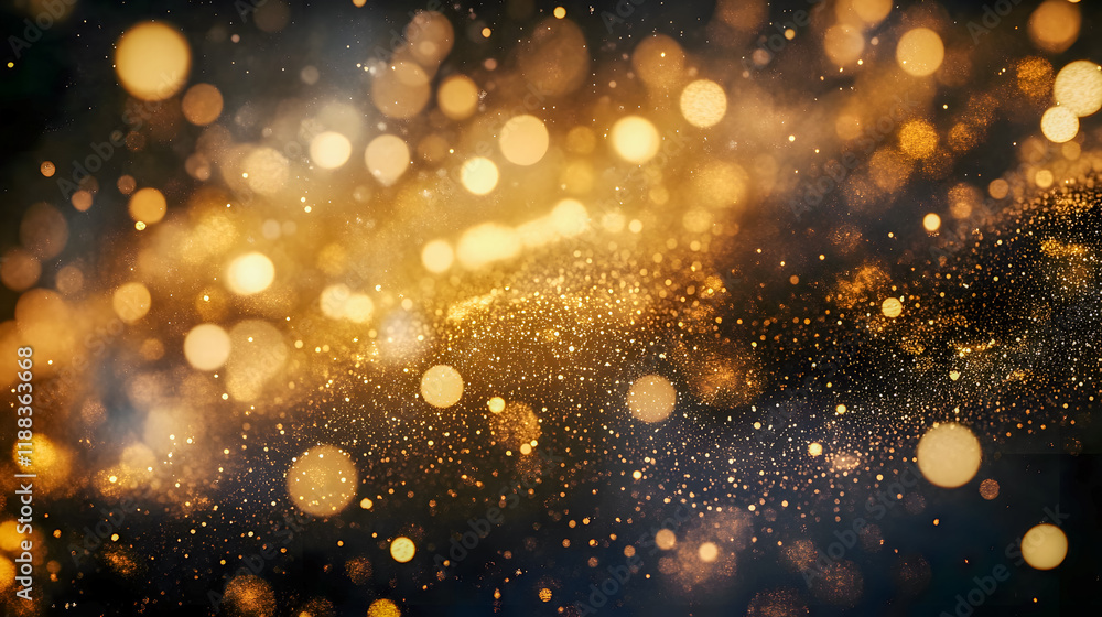 Poster glimmering gold particles create a magical background filled with bright bokeh effects and sparkling