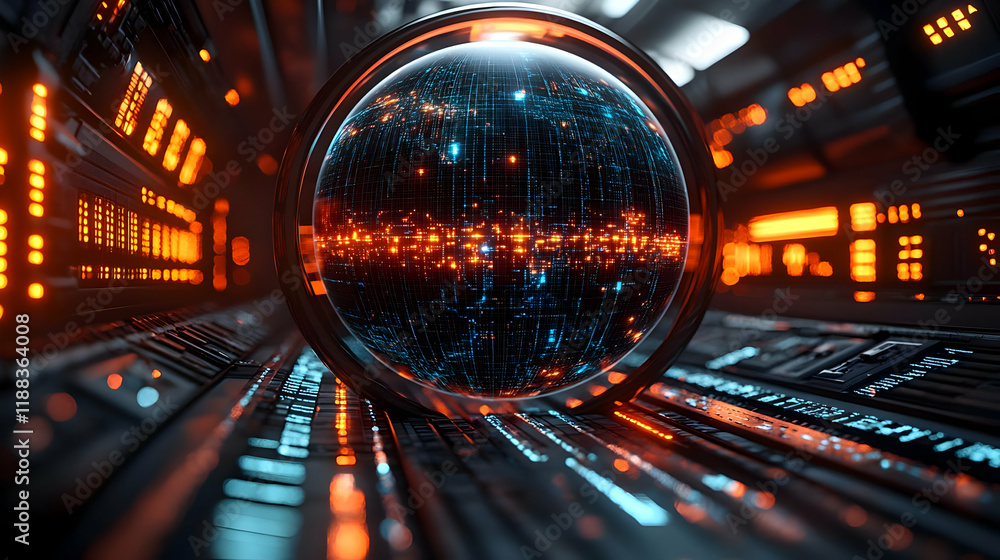 Poster futuristic digital sphere glowing with data streams and connections in a dark technological environm