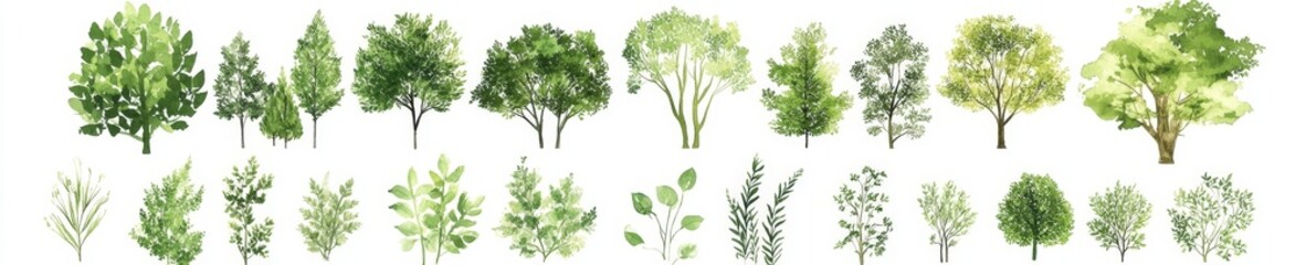 Watercolor painting of various trees and shrubs, showcasing different shapes and sizes of foliage.