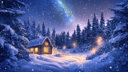 Naklejka premium A cabin in the woods with a bright light shining on it and The Yellowknife Auroras background. The cabin is surrounded by trees and snow