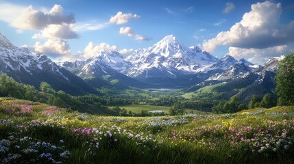 Scenic Mountain View with Wildflowers and Rugged Landscape
