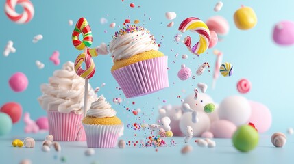 Colorful 3D Sweet Treats with Cupcakes and Oversized Candy Decorations