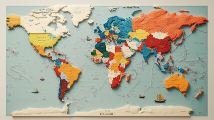 Colorful 3D world map, global view, countries, geography, educational background