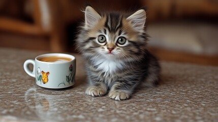 Adorable Kitten Sitting Near A Cup Of Coffee
