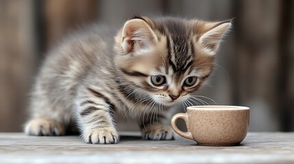 Adorable Kitten Investigating a Small Cup of Coffee