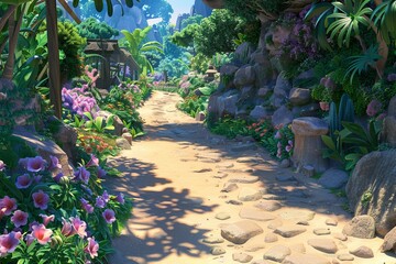 A serene forest with sunlight streaming through lush green trees, casting long shadows on the forest floor. The peaceful ambiance highlights the beauty of nature and tranquility.