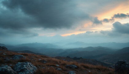 Fototapeta premium Dramatic mountain landscape at dusk showcasing rolling hills and dark clouds in a serene setting