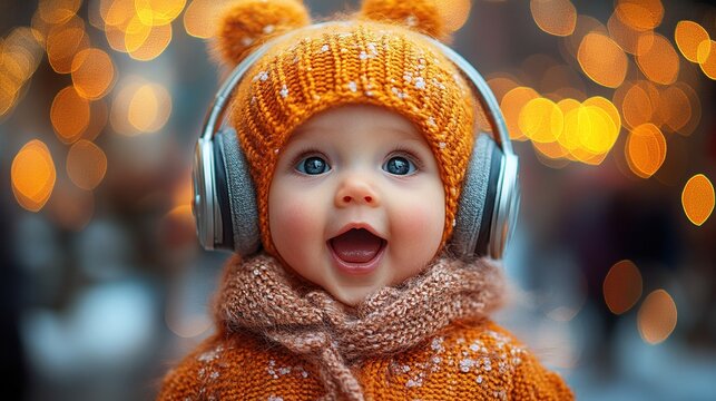 A joyful baby in an orange winter outfit and headphones, surrounded by soft bokeh lights, exuding happiness.