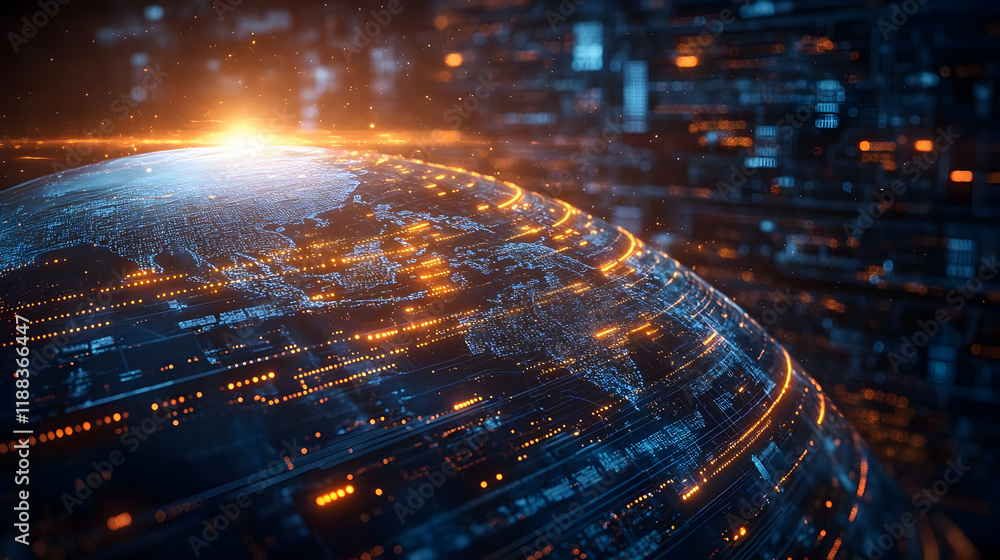 Poster glowing digital globe representing global network and data flow, showcasing futuristic technology an