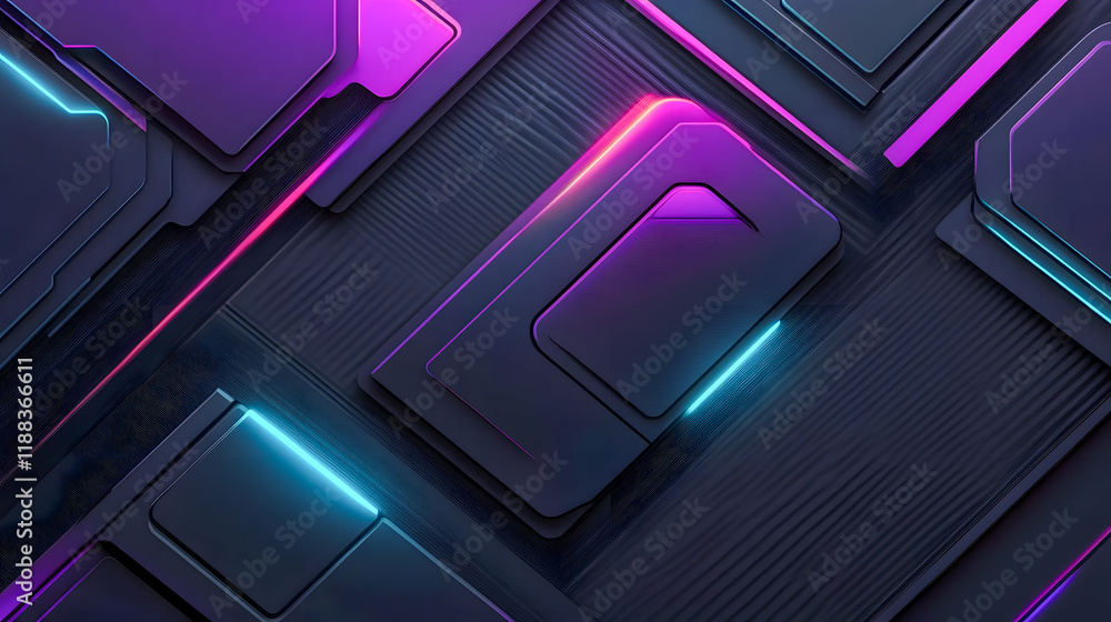 Poster abstract futuristic background with glowing neon shapes and geometric patterns in vibrant purple and