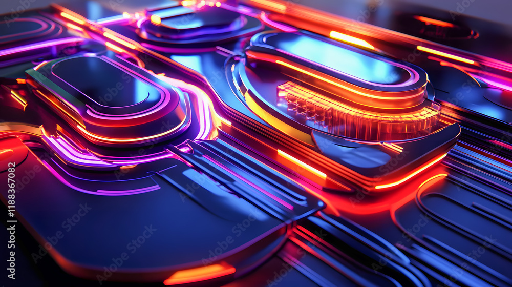 Poster abstract futuristic design with glowing neon lines and shapes in vibrant colors on a sleek surface, 