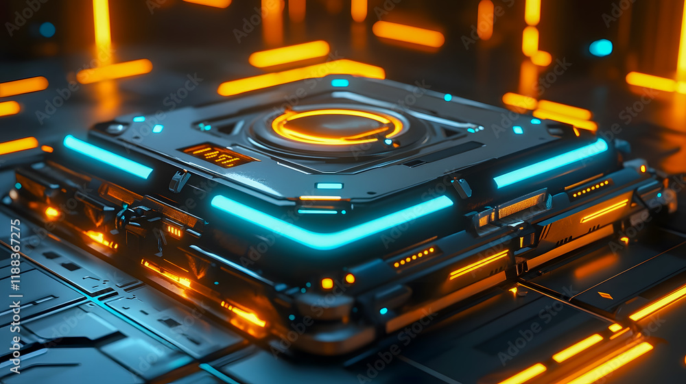 Poster futuristic technology interface with neon lights and 3d design elements for innovation and digital a