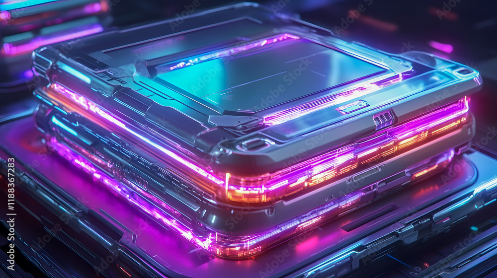 Poster futuristic neon technology design with glowing circuitry and high-tech elements labyrinth of light a