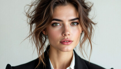 Young woman with tousled hair wears a black blazer and natural makeup during a studio portrait session