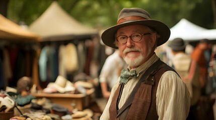 A vendor selling vintage clothing at a weekend flea market, with clothes and accessories in focus