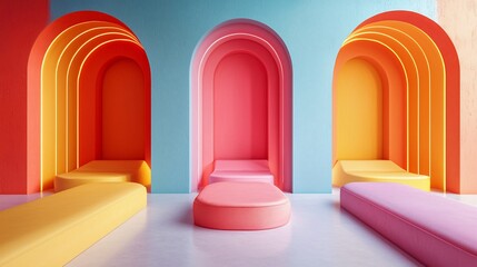 Colorful arched niches with platforms.