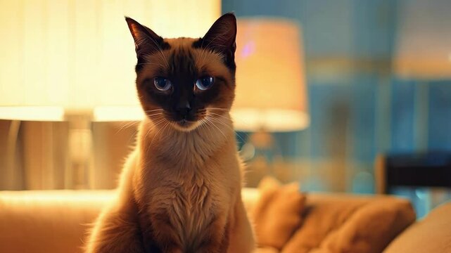 Cozy evening with a siamese cat relaxing indoors by soft lit lamps AI