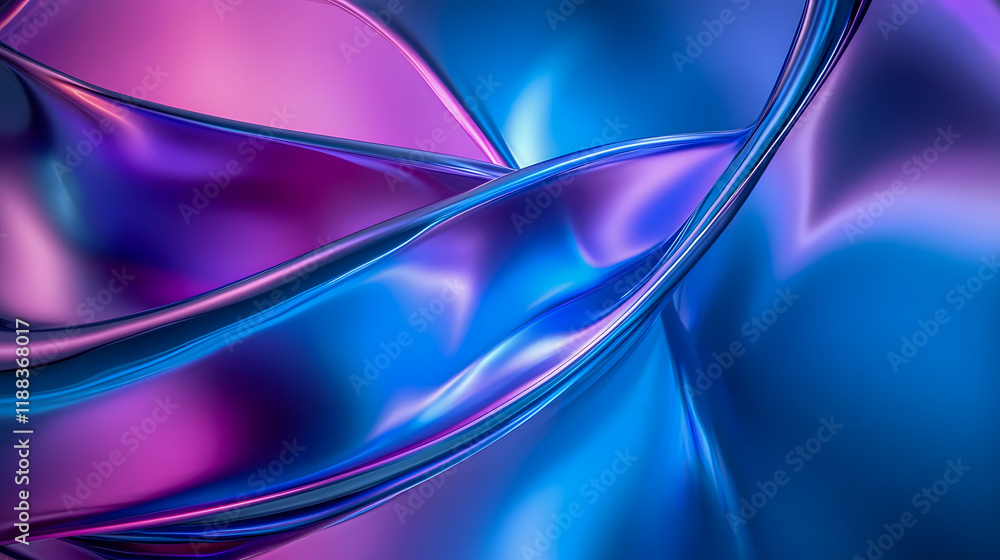 Poster abstract fluid textures in vibrant pink and blue hues, creating smooth curves and reflections in mod