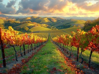Naklejka premium Vineyard Rows at Sunset