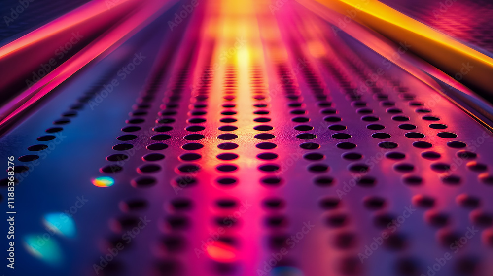 Poster vibrant abstract pattern of metallic surface with colorful light reflections and circles in a dynami