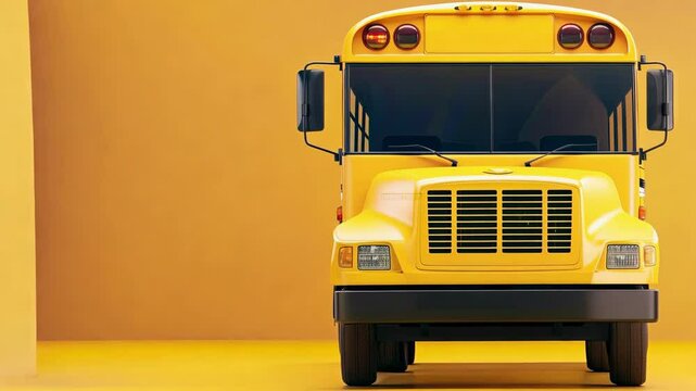 Front view of yellow school bus against bright yellow background AI