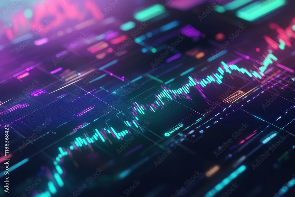 Poster colorful digital stock market analysis display with vibrant graphs and data points