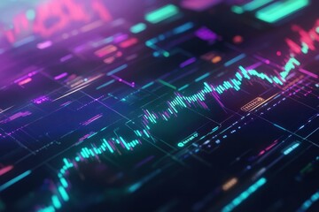 Colorful digital stock market analysis display with vibrant graphs and data points
