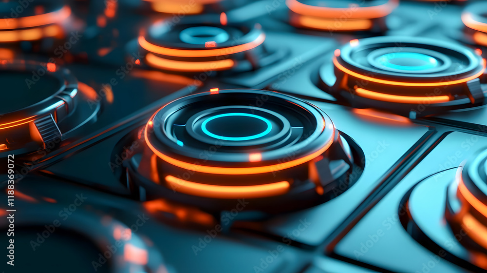 Poster futuristic interface with glowing circular buttons on a dark surface, technology and digital design 