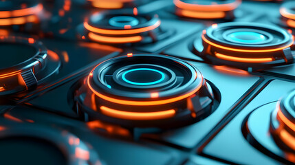 Futuristic Interface with Glowing Circular Buttons on a Dark Surface, Technology and Digital Design Concept, Blue and Orange Neon Glow