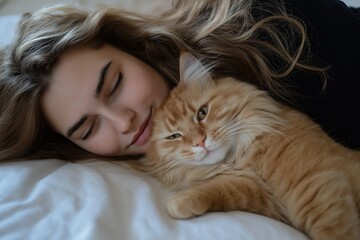 Young Female with Adorable Feline companion Resting on Bed, Cozy and Peaceful Home Environment