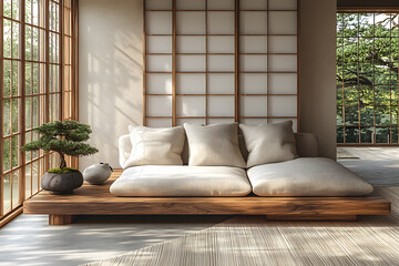 Japanese Style Living Room with a Large Sofa, Minimalist Design, and Tranquil Ambience