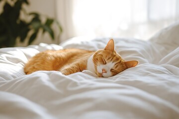 Young Female with Adorable Feline companion Resting on Bed, Cozy and Peaceful Home Environment