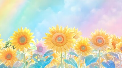 Obraz premium pastel sunflowers field dreamy sky - pastel colors