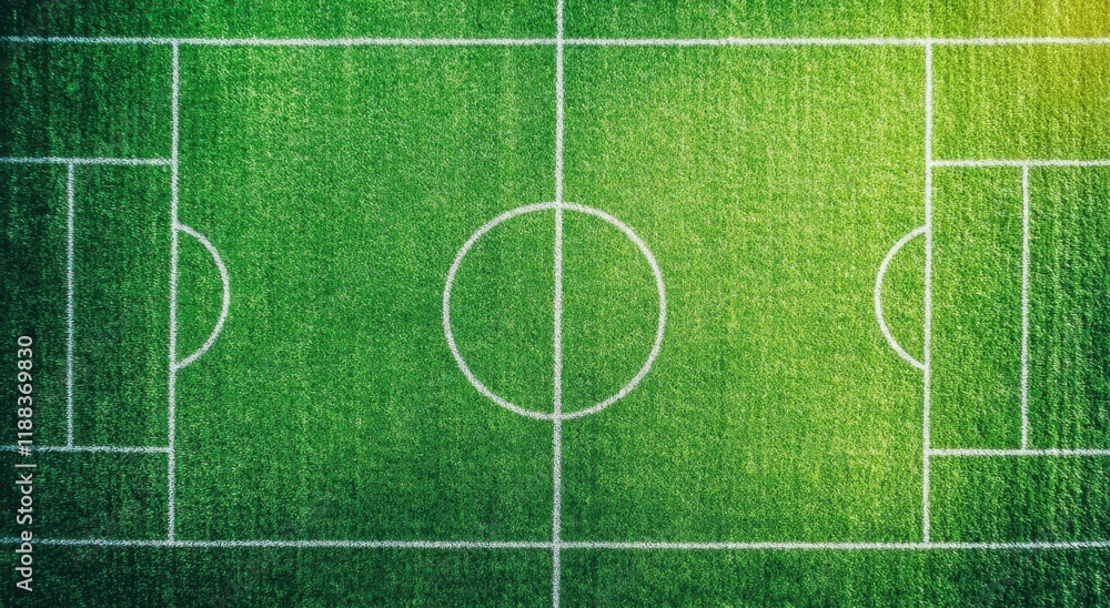 Poster a green soccer field, viewed from above, with a textured grass surface and distinct white lines mark