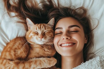 Young Female with Adorable Feline companion Resting on Bed, Cozy and Peaceful Home Environment