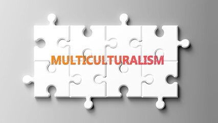 Multiculturalism complex like a puzzle - pictured as word multiculturalism on a puzzle pieces to show that multiculturalism is complex and needs cooperating pieces that fit together. ,3d illustration