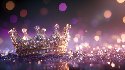 A Diamond Encrusted Gold Crown Rests Among Gems