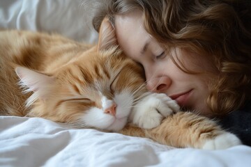 Young Female with Adorable Feline companion Resting on Bed, Cozy and Peaceful Home Environment