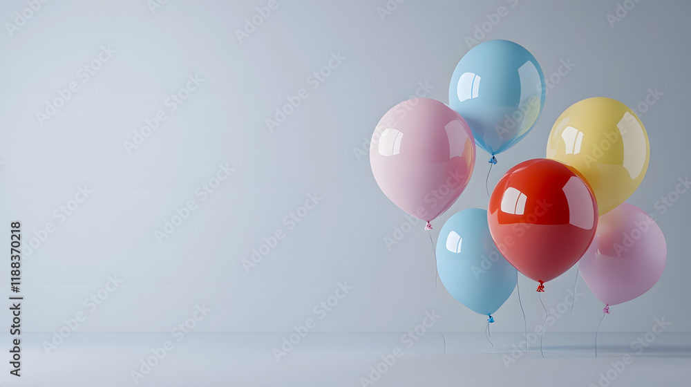 Poster colorful party balloons in a bright minimalistic setting with soft lighting on a smooth surface for 