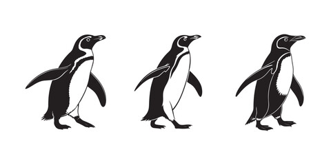 Obraz premium Black and white illustration of penguins, side view of penguins in different poses