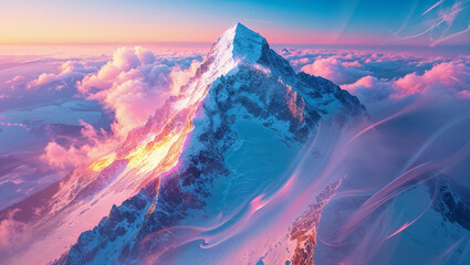 Majestic snow capped mountain peak emerging from a sea of clouds at sunset