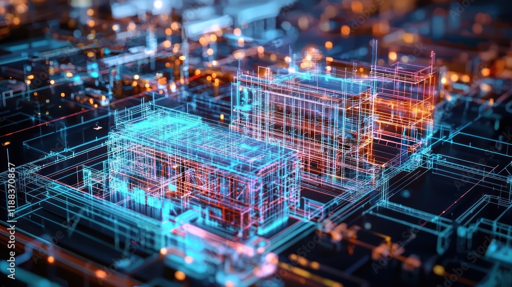 Poster digital cityscape: futuristic architecture wireframe render