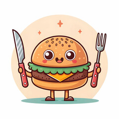 cute burger holding knife and fork cartoon fast