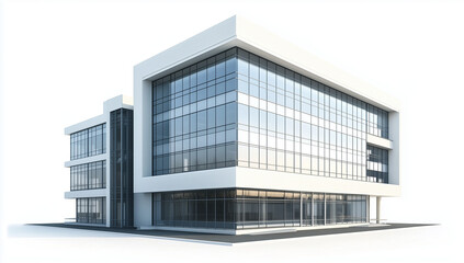 Fototapeta premium 3D rendering of a modern office building isolated on a white background, exterior front view and side view, high-resolution photography