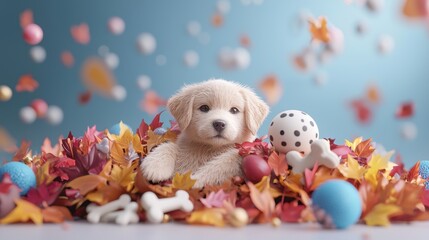 Adorable 3D Puppy Surrounded by Colorful Autumn Leaves